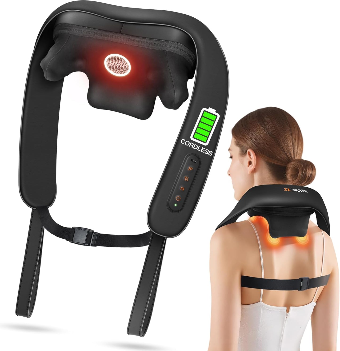 Neck and Shoulder Massager with Heat – Cordless Shiatsu Neck Massager for Pain Relief Deep Tissue - Adjustable Speed & Modes Kneading Massage for Back - for Men Women