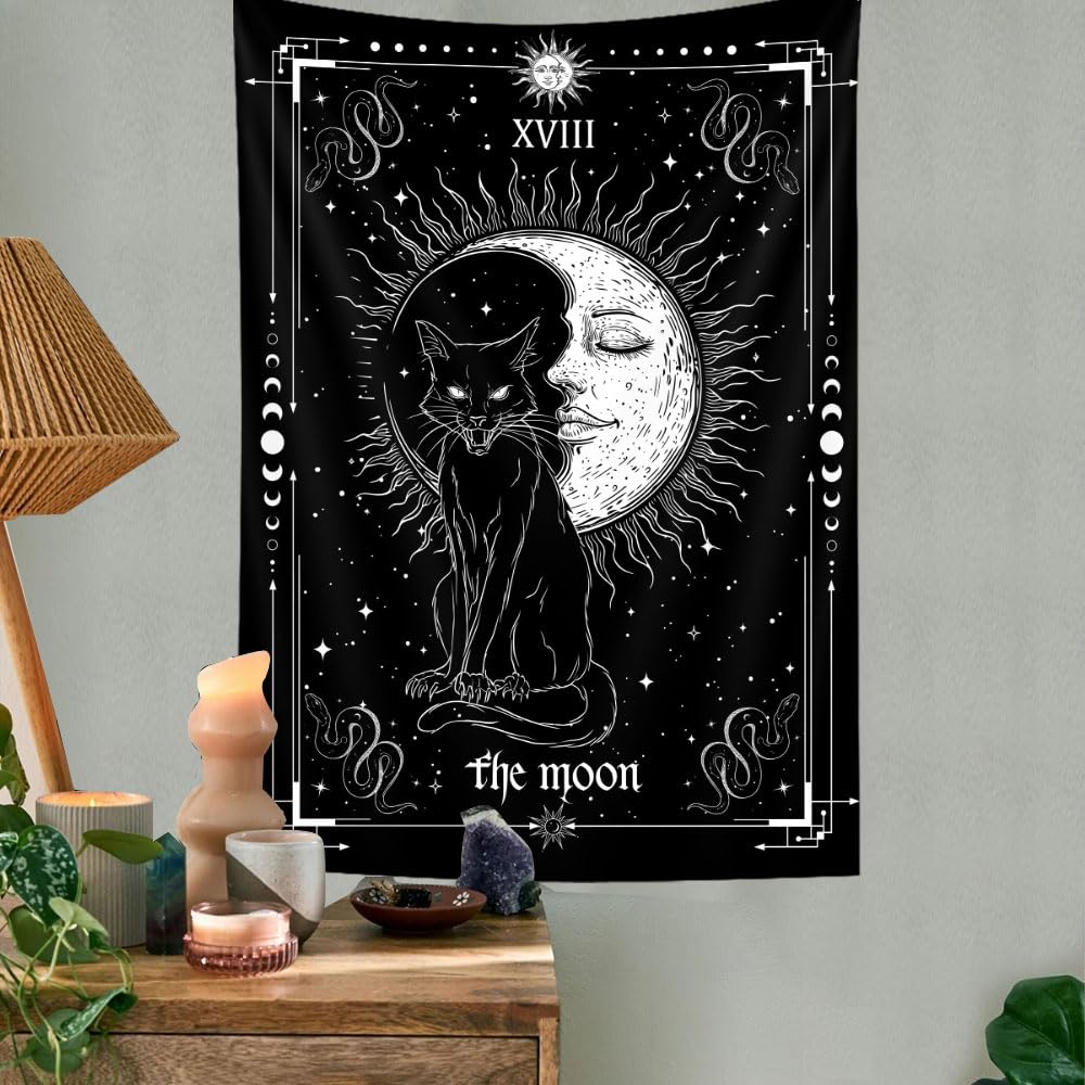 Gothic Black Cat Vertical Tapestry, Witchy Black and White Tarot Card Wing Bat Cat Cool Tapestries for Men, Moon Phases Aesthetic Anime Witchcraft Satanic Art Tapestry Wall Hanging for Bedroom Living Room Poster, 40X60Inch