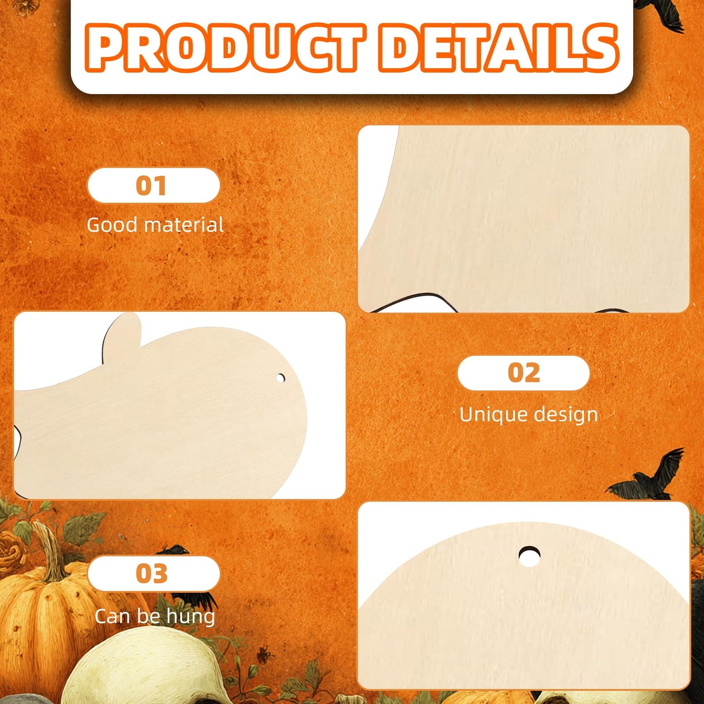 kuchisity Large Size 7'' Wooden Halloween Ornaments to Paint 30 Pcs DIY Blank Unfinished Ghost Wooden Cutouts with Twines for Halloween Thanksgiving Day Fall Party