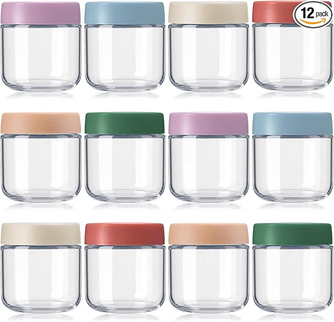 12 Pack Overnight Oats Containers with Lids, Wide Mouth Jars, Glass Food Storage Containers with Airtight Lids, CRYSTAL Storage Canister for Cereal Salad Spice Sugar (Bright Color,12oz)