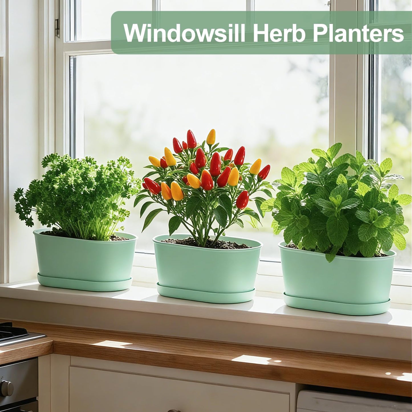 Oliz Set of 4 Green Oval Window Sill Planters with Drainage Holes and Trays（7 Inch） for Herbs Basil Orchids Succulents, Modern Herb Garden Planter for Indoor/Outdoor Plants