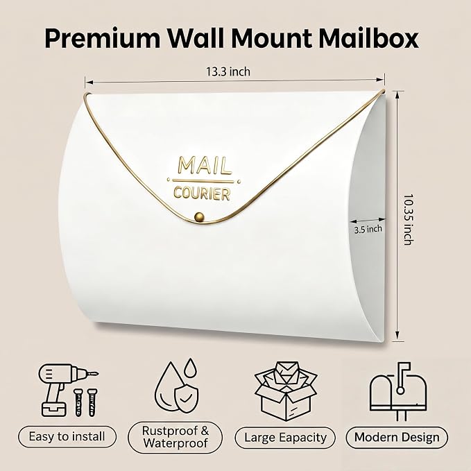 White Wall Mount Mailbox for Outside,Waterproof Metal Mailboxes with Rust-Proof Galvanized Steel,Large Capacity Envelope Mailbox for House,12.99 x 10.35 x 3.5 Inch