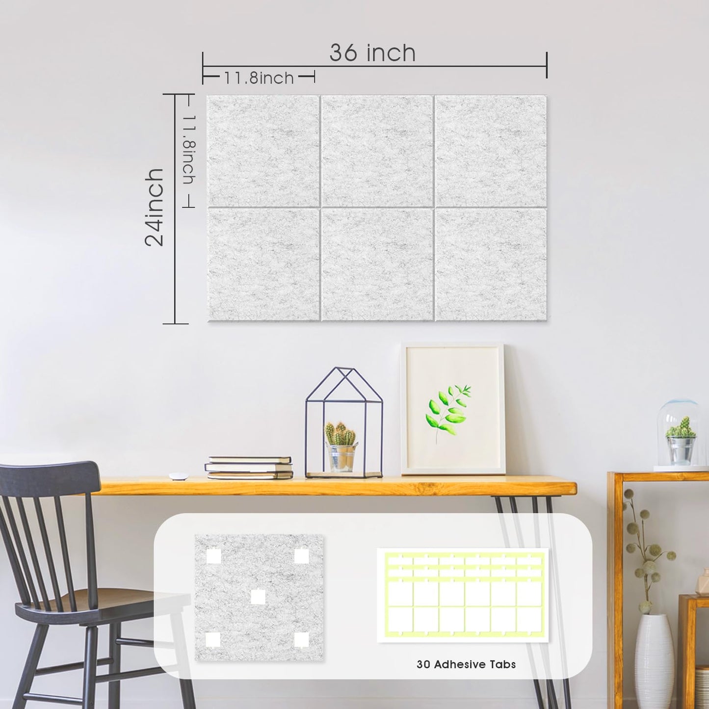 Large Cork Board for Office Wall Decor, 36"x24"- 6 Pack Felt Wall Tiles with Safe Removable Adhesive Tabs, 1/2" Thick, Felt Bulletin Board Pin Board Cork Boards for Walls - Gray Marble