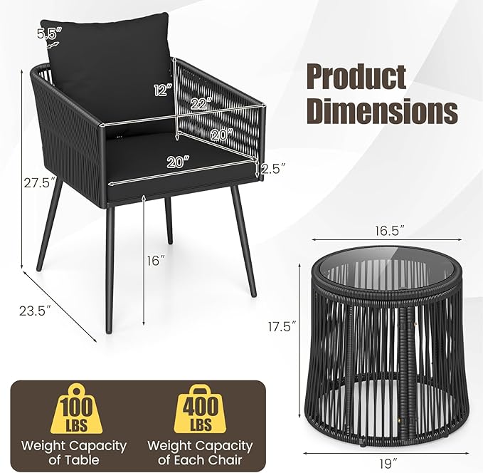Tangkula 3 Pieces Patio Rattan Bistro Conversation Set, Outdoor All-Weather