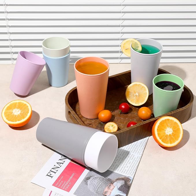 HEYCOME Set of 12 Wheat Straw Cups, 6 Pcs 20 oz & 6 Pcs 12 oz Unbreakable Drinking Cups, Reusable Plastic Cups Sets, Water Glasses Tumblers, Microwave & Dishwasher Safe, Bpa Free, 6 Colors
