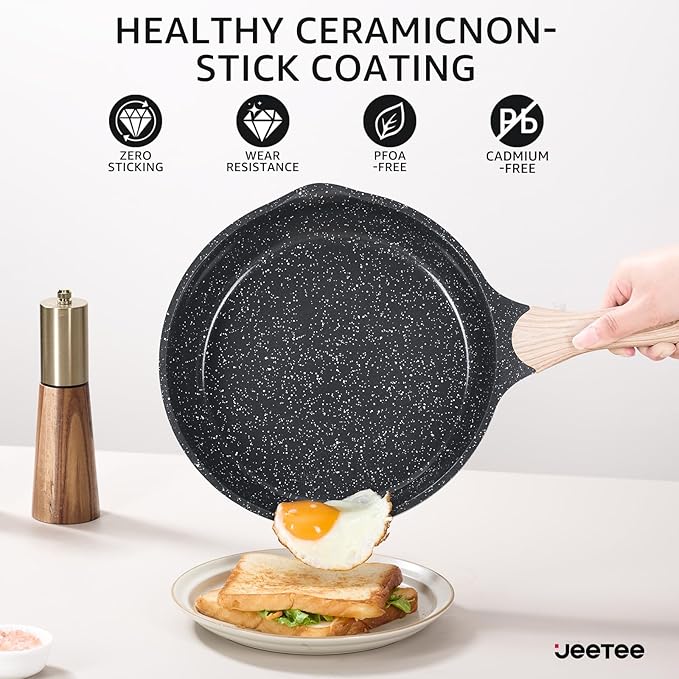 JEETEE 24Pcs Ceramic Cookware Set, Gray Pots and Pans Set Non Stick, Kitchen Healthy Non Toxic Induction Cookware Sets W/Saucepans, Sauté Pan, Griddle, Crepe Pan & Pancake Rake (PTFE, PFOSFree)