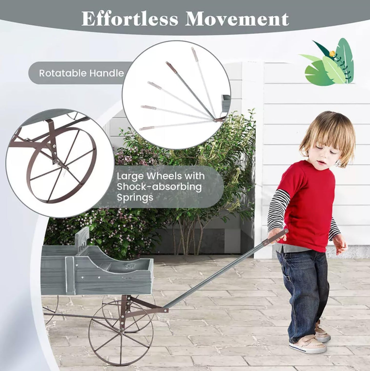 Wagon Planter, Decorative Wooden Garden Planter with Wheels, 2 Planting Sections and Adjustable Handle, Indoor Outdoor Backyard Balcony Decor (Grey)