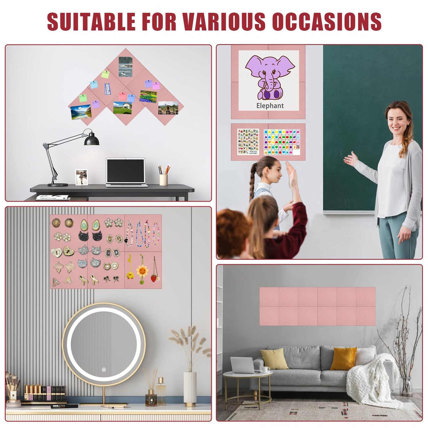Large Cork Board Alternative 48" X 36" Bulletin Board - 12 Pack Removable Felt Wall Tiles with 30 pushpins, Large Cork Boards for Walls Cork Board for Office Pin Board Tack Board - Pink