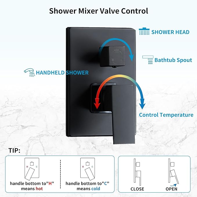 Matte Black Shower Faucet Set with Tub Spout 10 Inch, Shower Head and Handle with 2 Hooks, Tub and Shower Faucet Combo, Rain Shower and Handheld Shower System Square Wall Mount for Bathroom