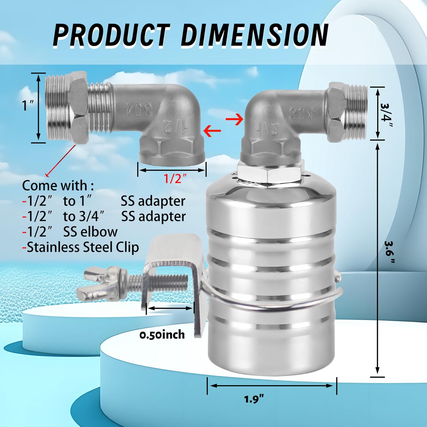 MEUPMEOP 2-Pack Float Valve, 1/2" to 3/4'' 1" 304 Stainless Steel Fully Automatic Water Level Controller Water Float Valve for Water Tank,Pool,Water Tank, Livestock Troughs