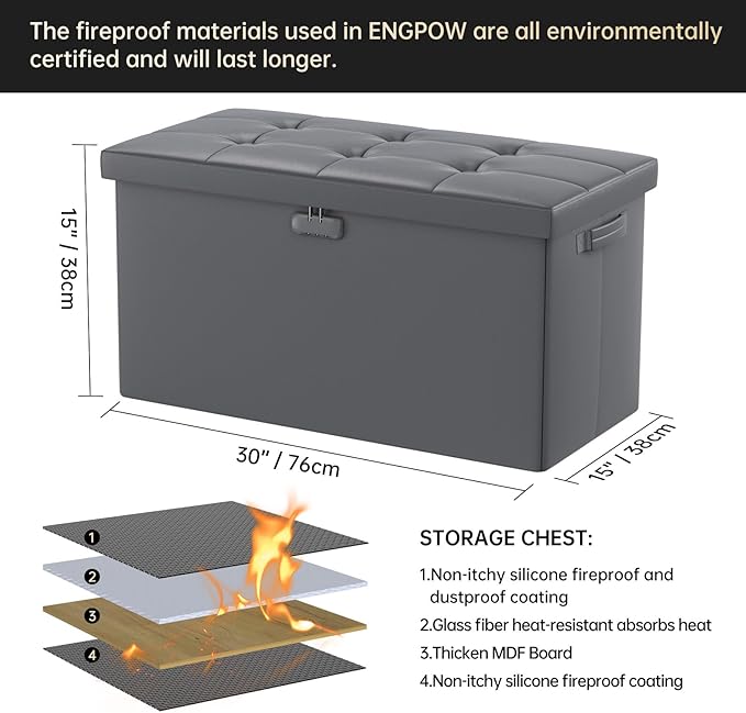 ENGPOW Storage Ottoman Bench, Fireproof Folding Bench