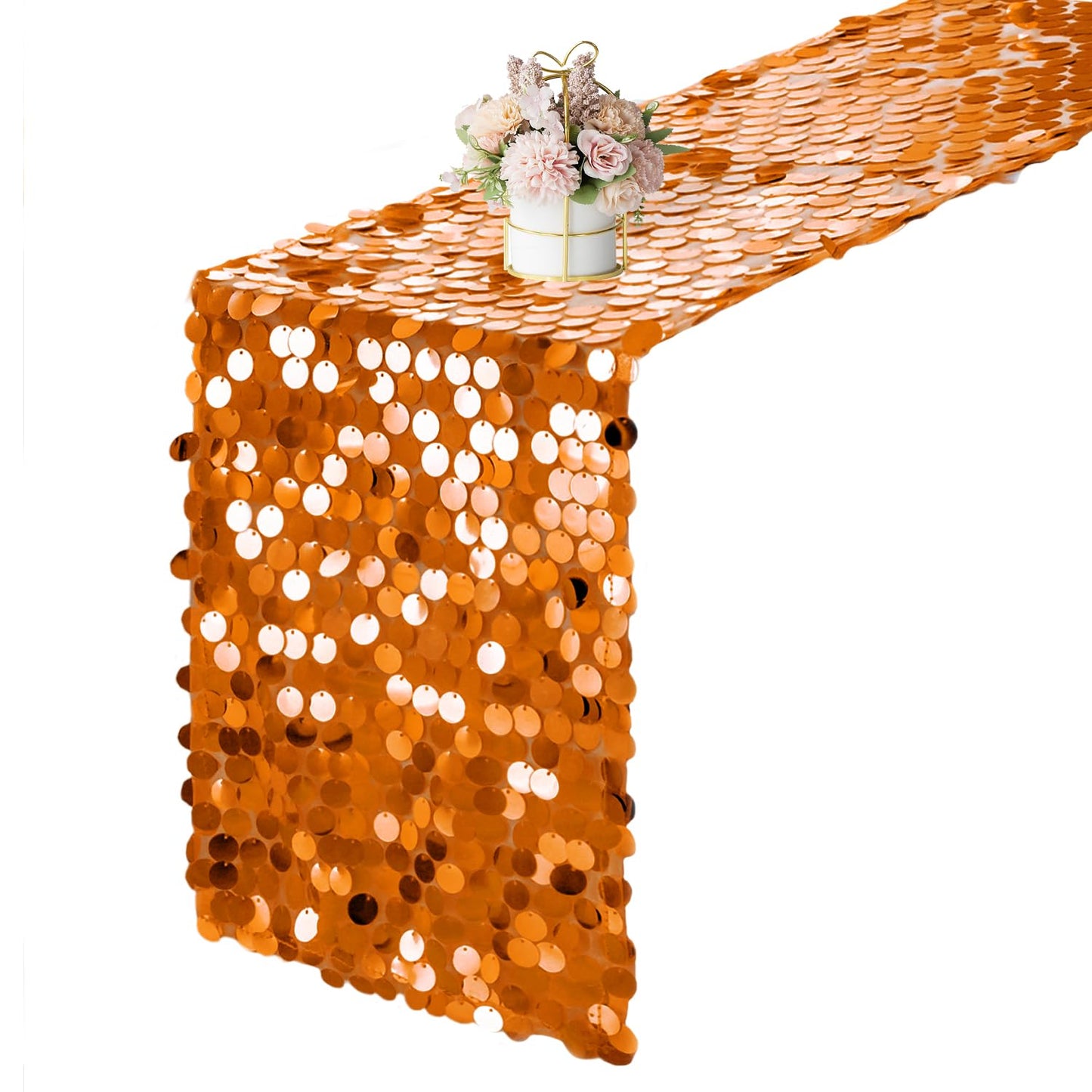 Yblut 12 x 108 Inch Orange Sequin Table Runner Glitter Rectangle Big Sequin Table Runner for Wedding Party Birthday Christmas Halloween Decoration (1 Pack)