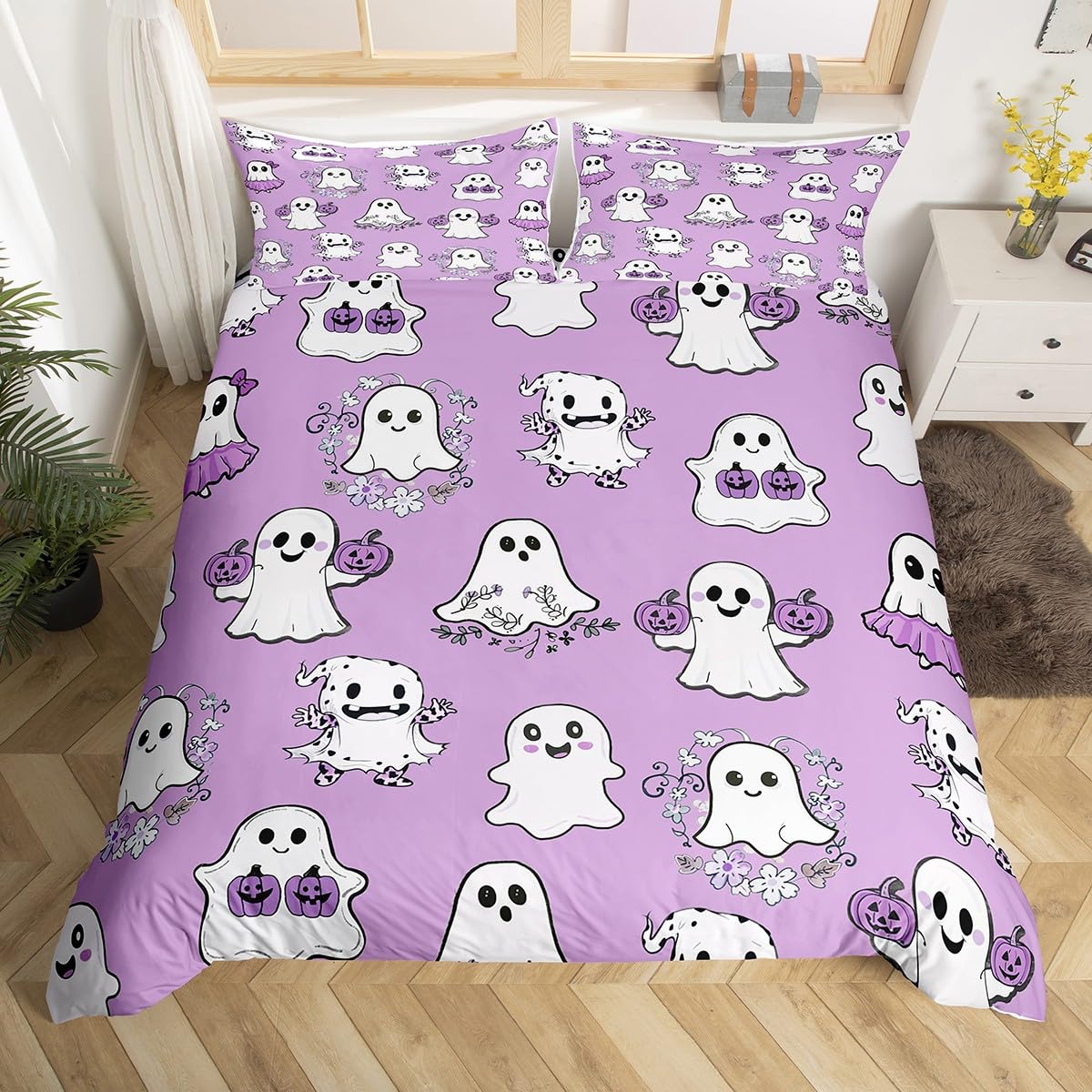 Cute Ghost Kids Duvet Cover Set Full Size, Halloween Theme Purple Bedding Set for Boy Girls, Pumpkin Lantern Floral Ghosts Comforter Cover, Soft Polyester Quilt Cover, 2 Pillowcases, No Comforter