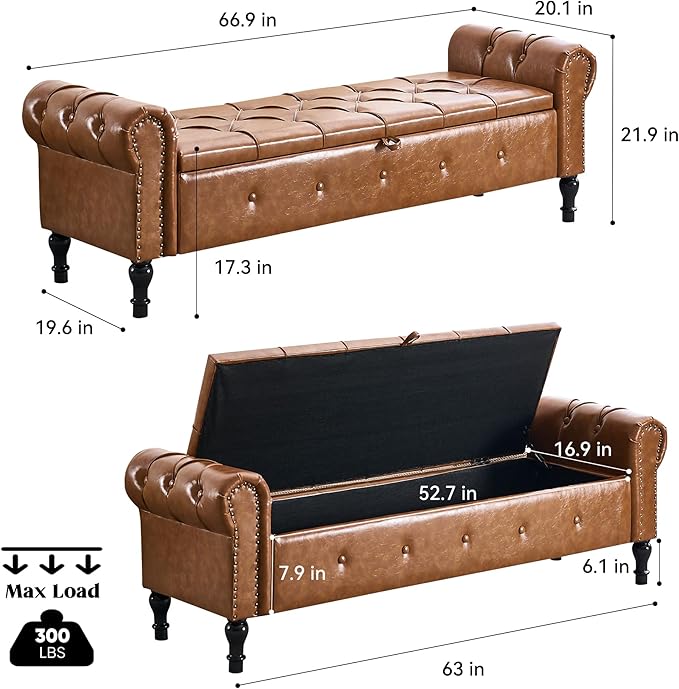 Storage Bench for Bedroom, Faux Leather 67" End of Bed Bench, King Size Bench
