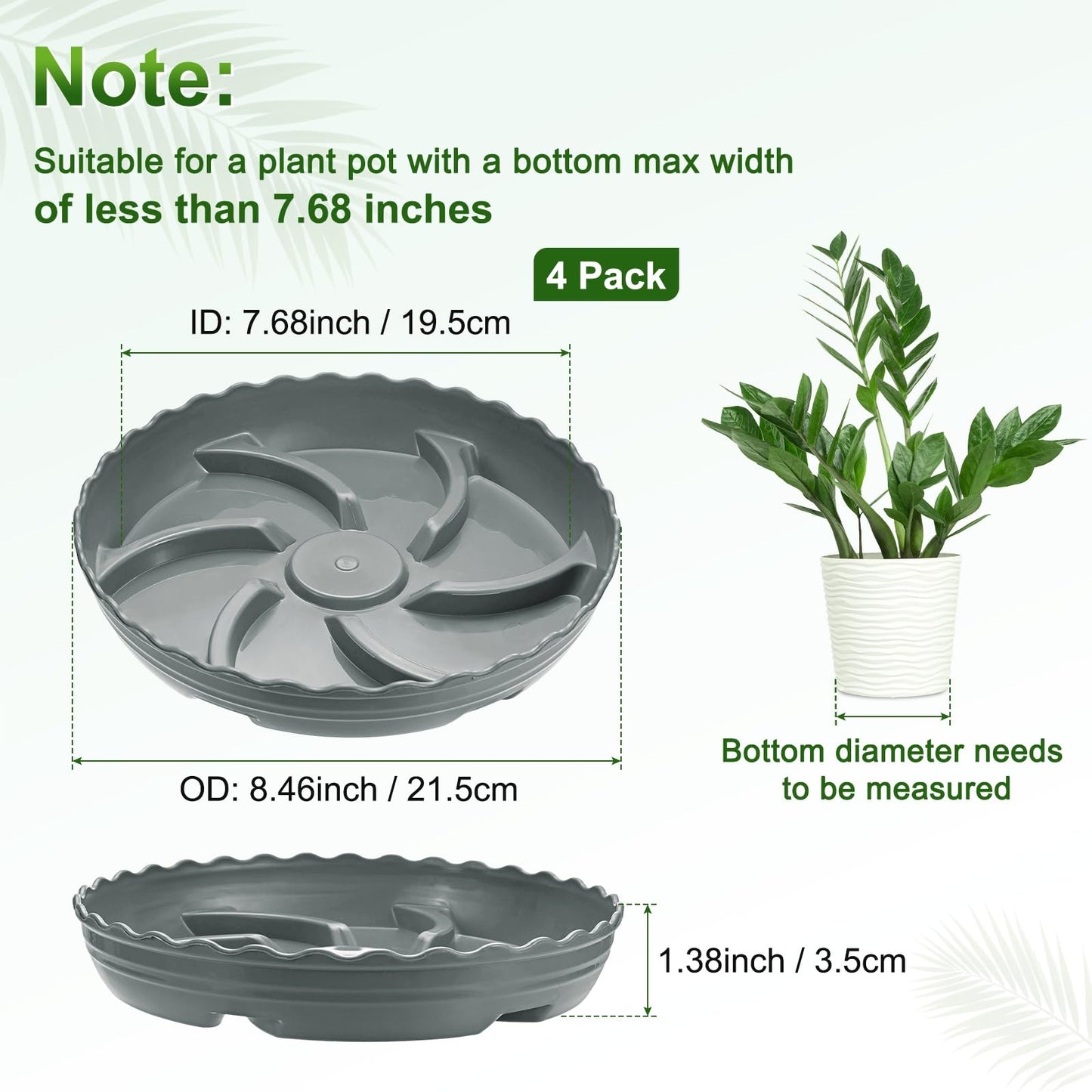 M METERXITY 4-Pack Plant Saucer, 7.7 Inch/19.5 cm Plastic Plant Trays Thicker for Indoor/Outdoor/Water/Pots Drainage and Protection, Flowerpot Drip Tray [Gray]