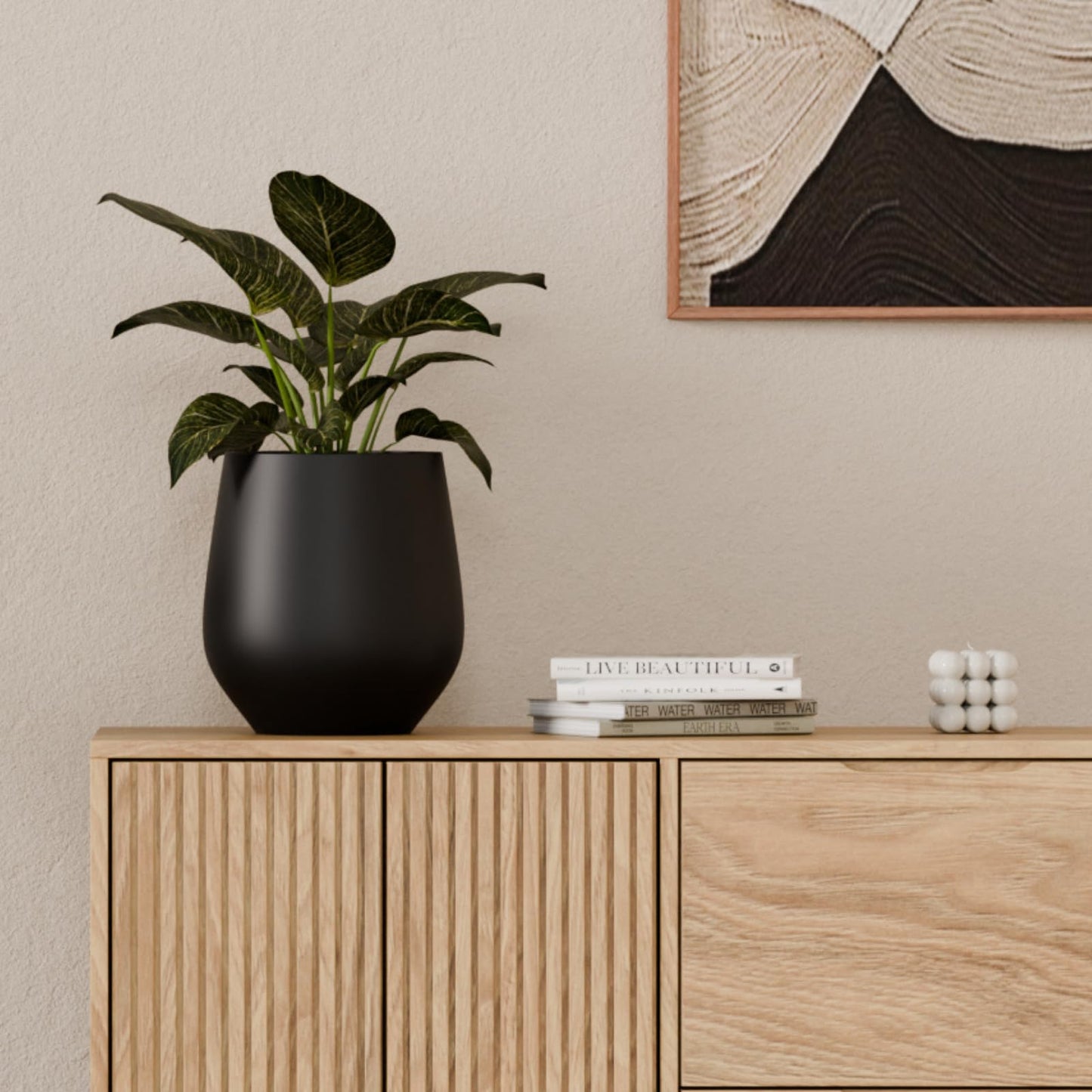 KUTE NEST 16.5" H x 15" D Premium Corso Fiberstone Round Tapered Planter with Drainage Hole, Weather Resistant for Indoor & Outdoor Use, Included 2 Extra Coco Mats (Black, 11.5" Pot Opening)