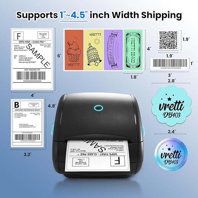 vretti Shipping Label Printer,Bluetooth with Built-in Label Desgin,4×6 Thermal Shipping Label Printer for Small Business,Compatible for Amazon,Ebay,USPS