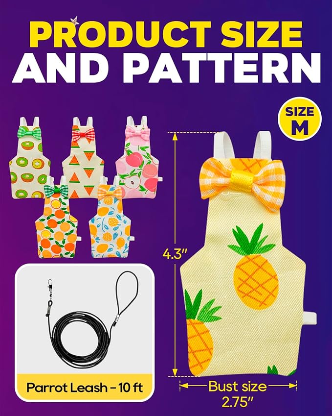Washable & Secure Parrot Diaper with Adjustable Leash – Reusable Bird Diaper Flight Suits, Chew-Resistant & Waterproof Inner Layer for Cockatiels, Conures, Parakeets, and Small Parrots (Size M)