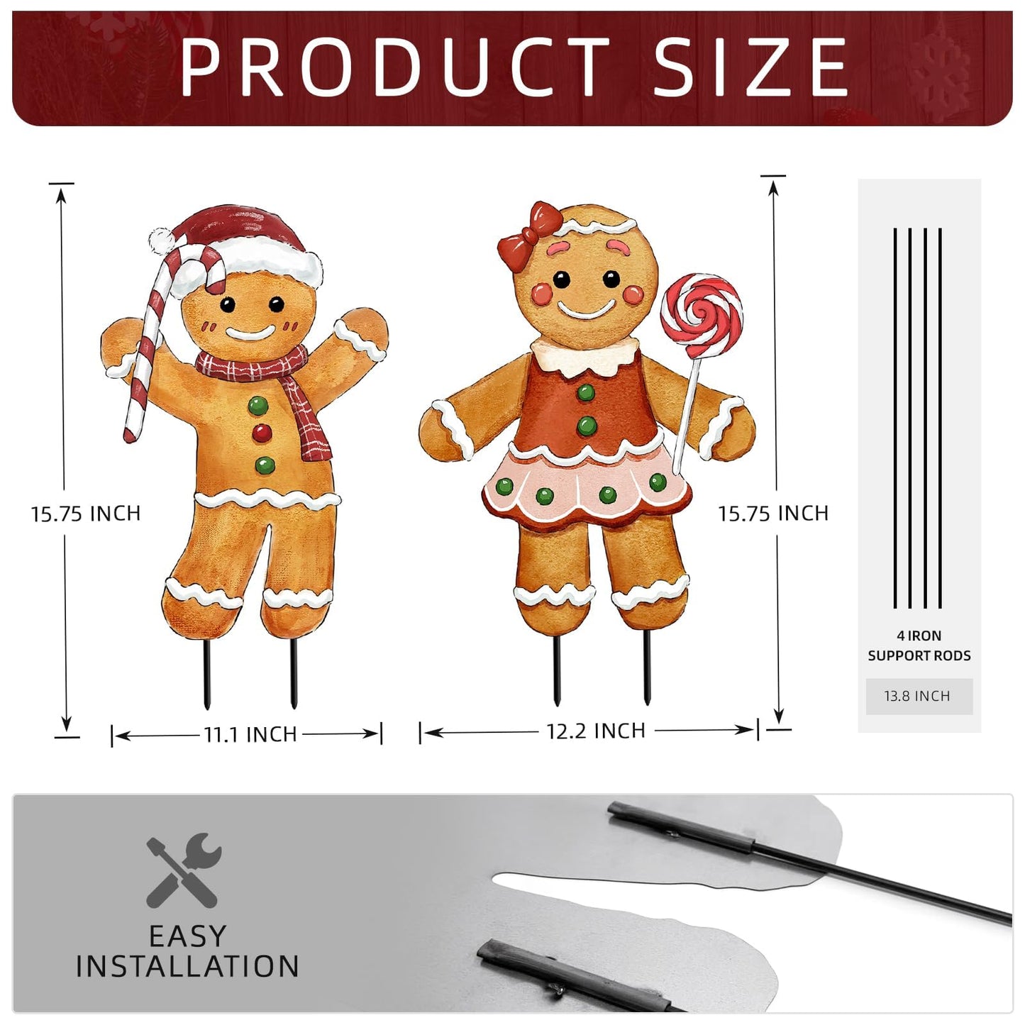 Christmas Decorations Outdoor, 2Pcs Gingerbread Man Metal Yard Signs with Stakes, Xmas Winter Signs for Garden House Lawn Pathway Patio Outside