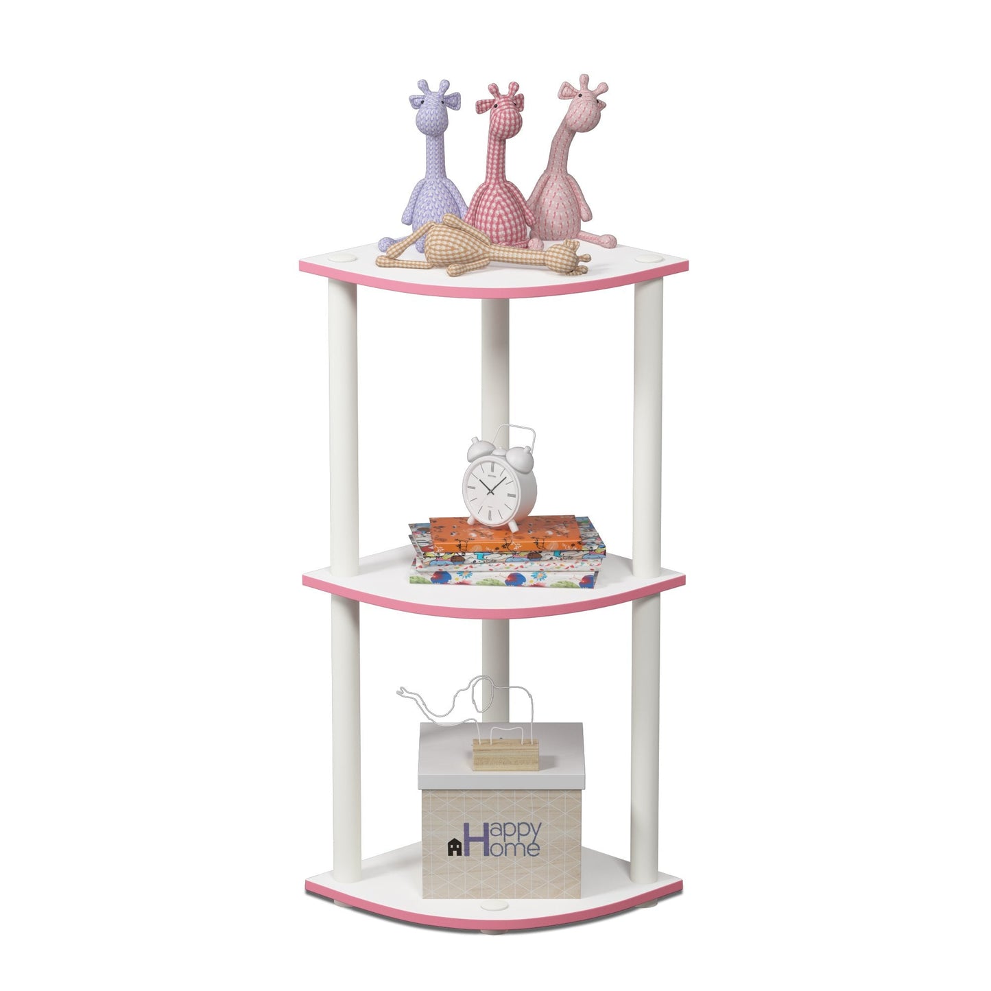 Furinno TURN-N-TUBE Corner Shelf, 3-Tier Corner Bookshelf, Display Storage Shelves with Open Shelves, for Organization and Storage, Living Room, Home Office, Garage, Pink