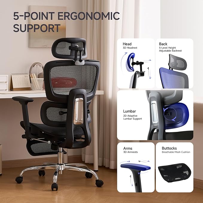 Office Chair with Footrest, Ergonomic Chair with 3D Headrest, Computer Chair
