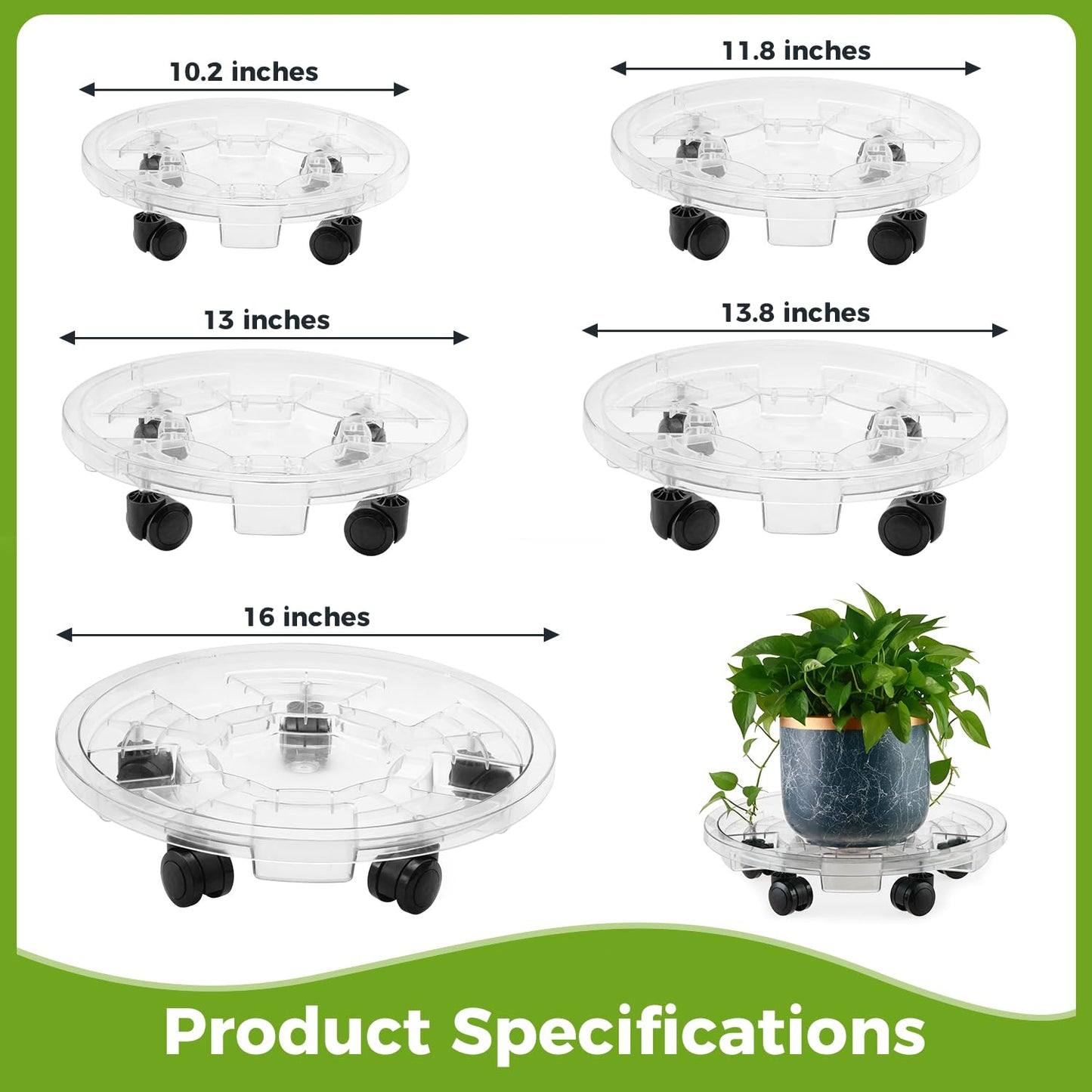KvyusFlourish 4 Packs 13 Inches Large Clear Plant Caddy Plant Saucers on Wheels Rolling Plant Stands Heavy-duty Plant Dolly Plastic Planter Roller Base Pot Movers Outdoor Plant Tray Coaster