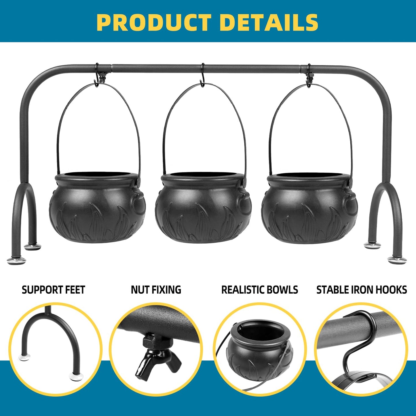 inin Halloween Party Decorations Indoor,Set of 3 Witches Cauldron Candy Serving Bowls With Rack, Easter Candy for Kids, Halloween Party Supplies,Black Plastic Candy Cauldron for Table Decor