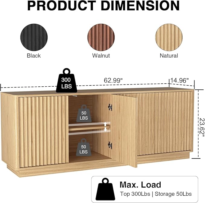 63'' Fluted TV Stand for TVs up to 75'', Modern Media Console