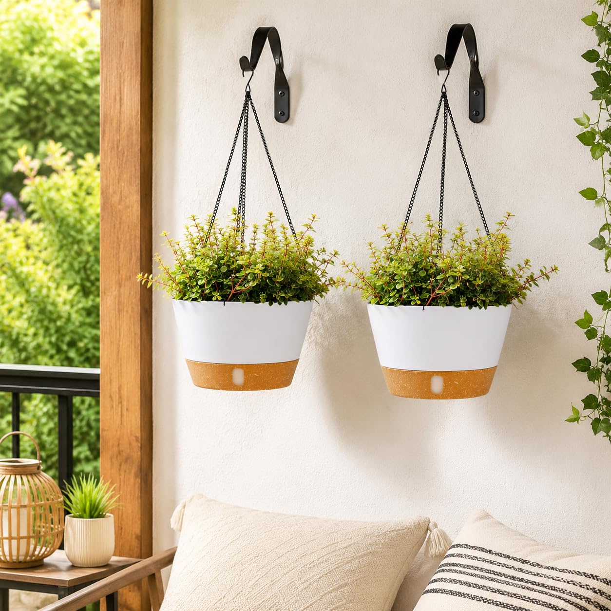 QCQHDU 2 Pack 8 Inch Hanging Planters for Indoor Outdoor Plants, Hanging Baskets Flower Pots with Reservoir Tray & Visible Water-Level