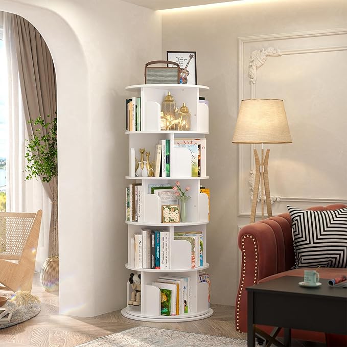 Aheaplus Rotating Bookshelf, 360 Display Wood Spinning Bookshelf Tower