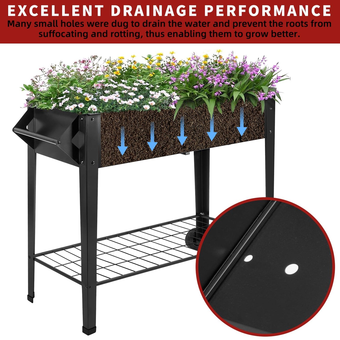 AURORAKI 32" Rolling Raised Garden Bed with Wheels, Heavy Duty Metal Elevated Planter Box, Outdoor Flower Cart Plant Stand, Raised Planter with Storage Shelf for Patio Balcony Backyard Growing