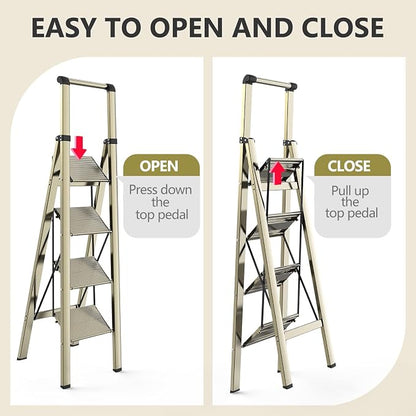 WOA WOA 4 Step Ladder, Ladders for Home, Anti-Slip Pedals, Aluminum Step Stool Foldable, Lightweight to Move, Ease of Storage, Reach 9ft for Closet Kitchen Library, Hold 300lbs - Gold