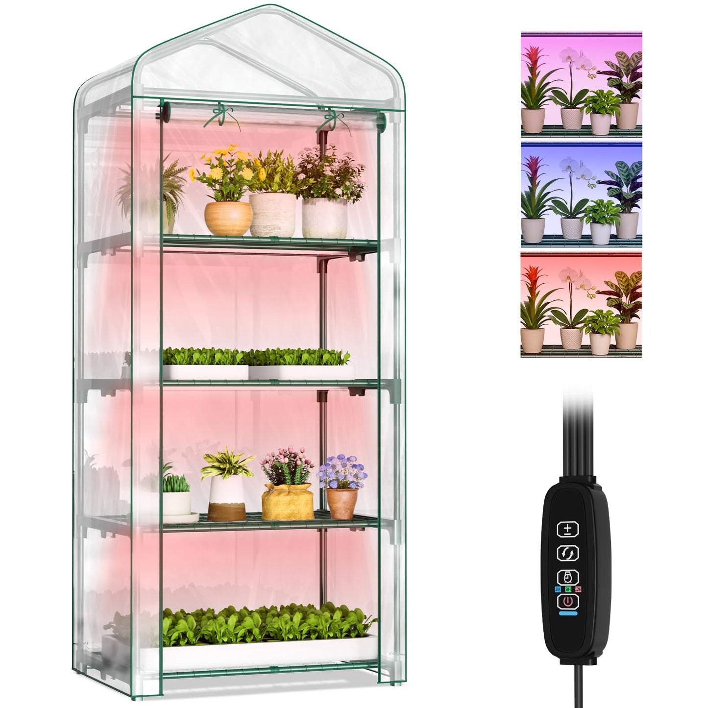 SUNYRISY Indoor Greenhouse with Grow Lights, 4 Tier Mini Small Greenhouse Kit with Zippered PVC Tent Cover for Indoor Garden Seed Starting Tray, 36W Full Spectrum with Timer