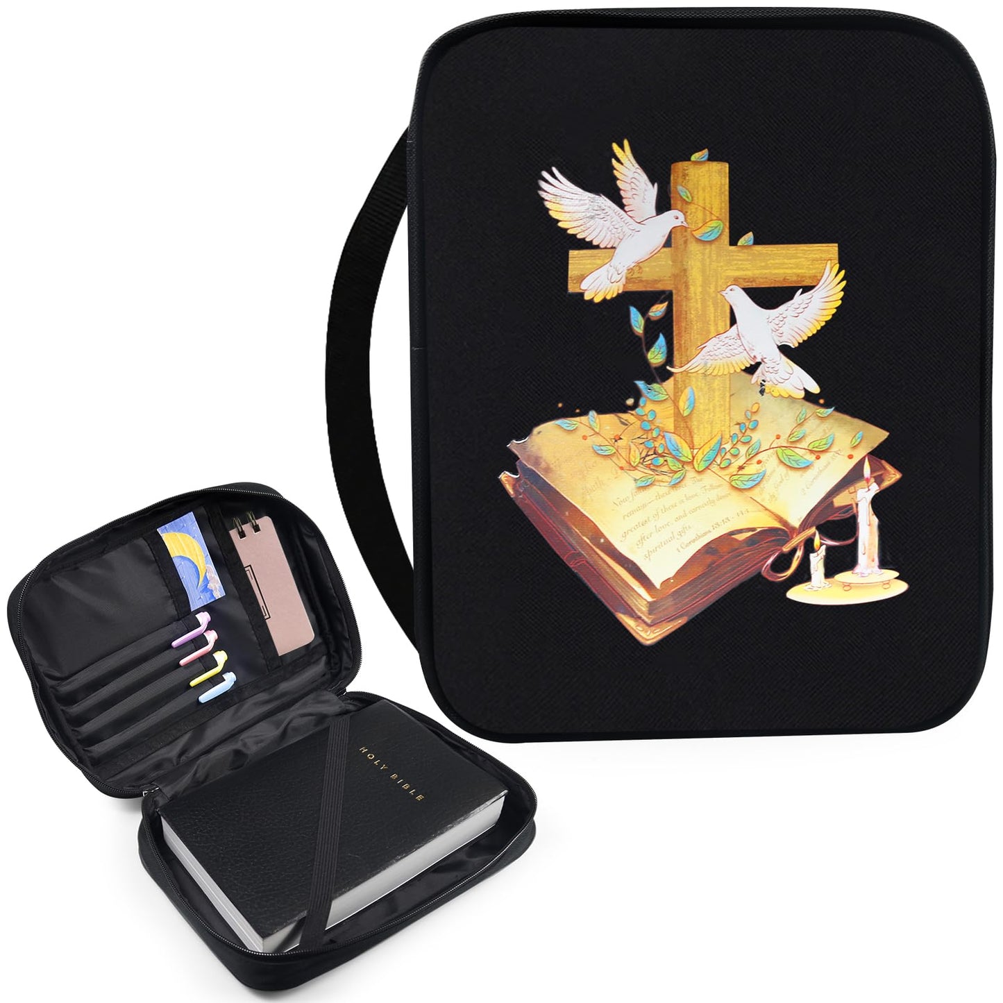Bible Cover for Women & Men, Bibles Study Supplies Covers with Zipper for Journaling Accessories Kits-Book Carrying Travel Case for Teens Black Tote Church Bag for Bible Study