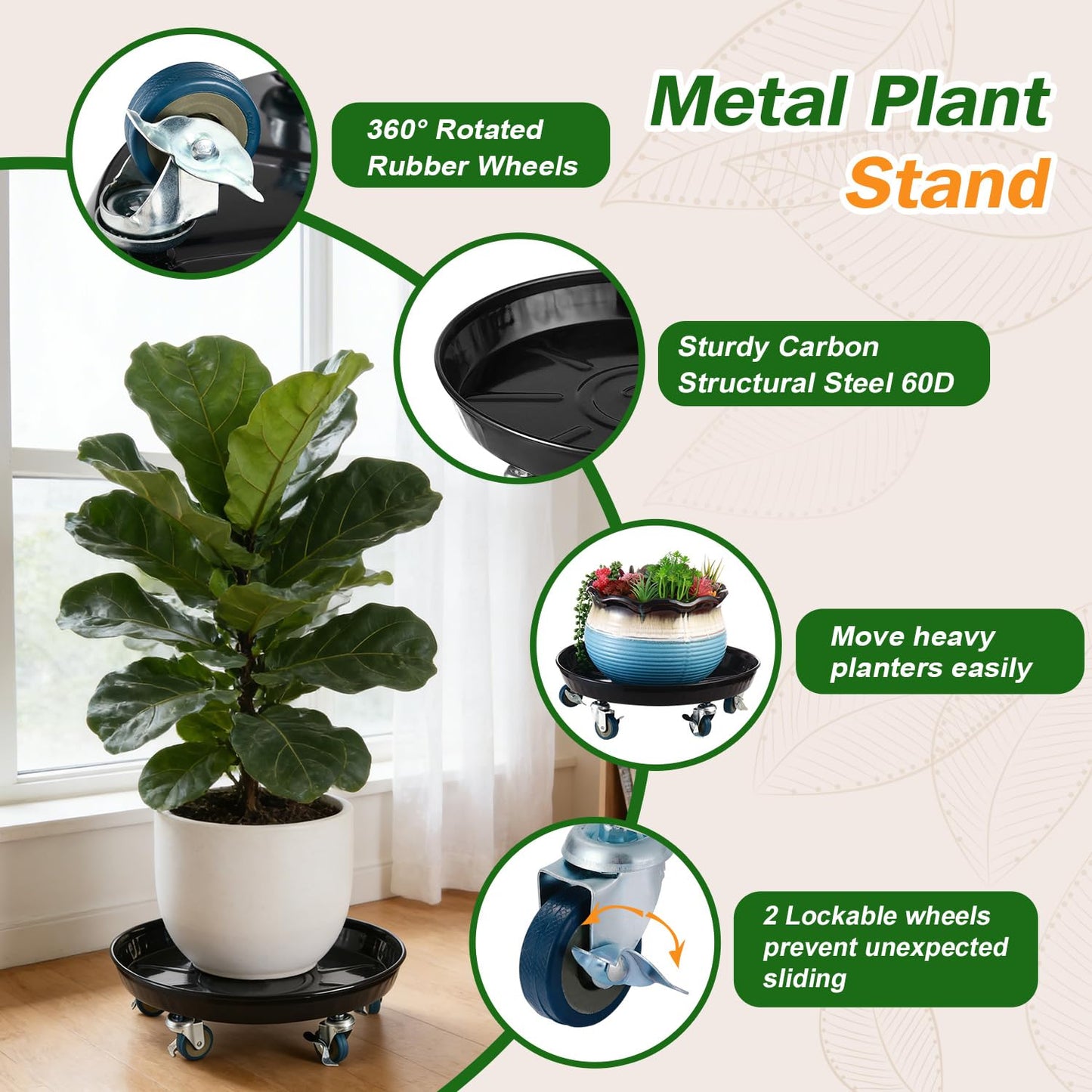 Planterhoma 3 Packs 18" Metal Plant Caddy with Wheels Extra-Large Rolling Plant Stand Heavy-Duty Plant Dolly with Casters Indoor Outdoor Wheeled Flower Pot Mover Rollers Garden Cart Trolley, Black
