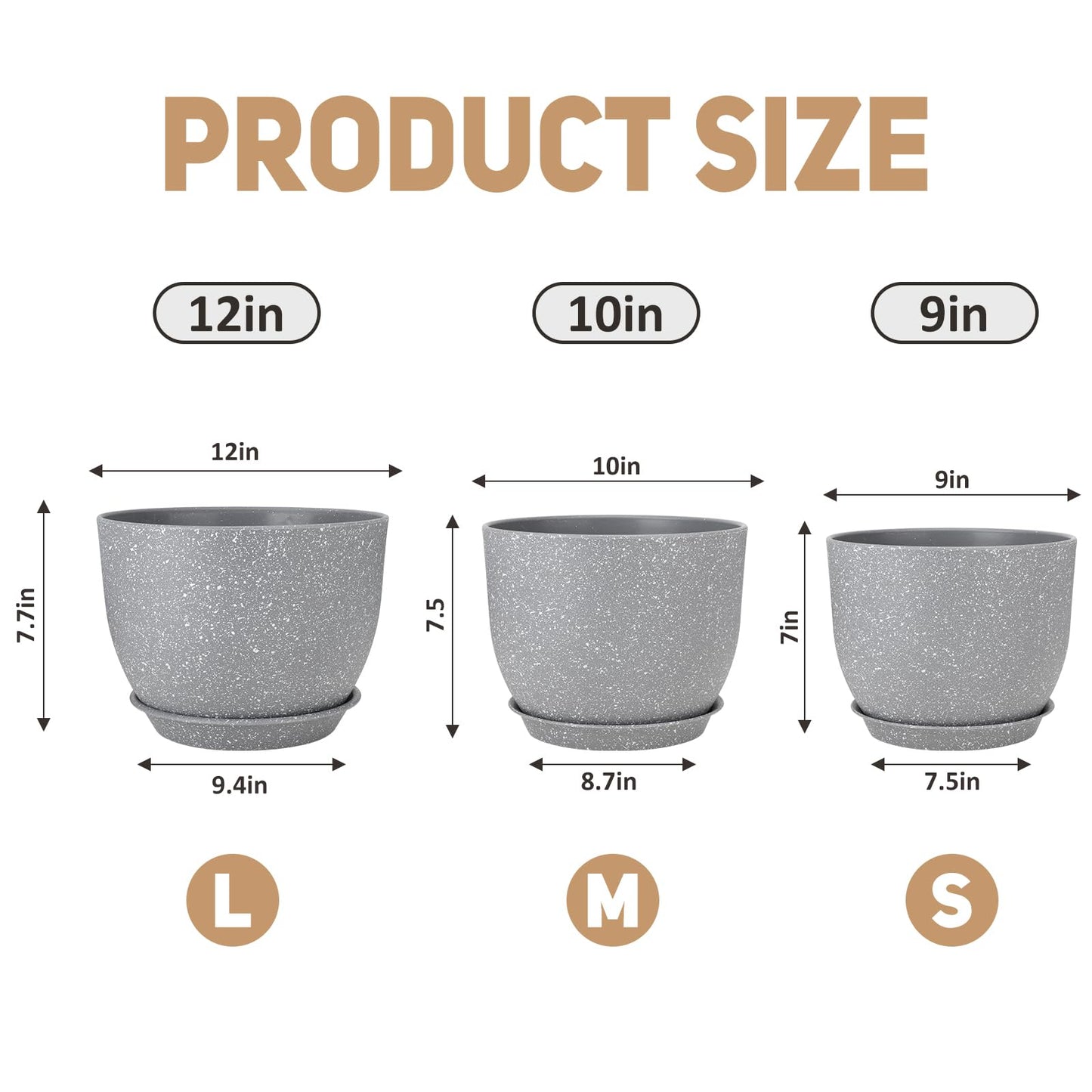 YNNICO Plant Pots 12/10/9 inch Set of 3, Flower Pots with Multi Mesh Drainage Holes, Large Planters for Indoor Outdoor Garden Plants and Flowers. (Gray)