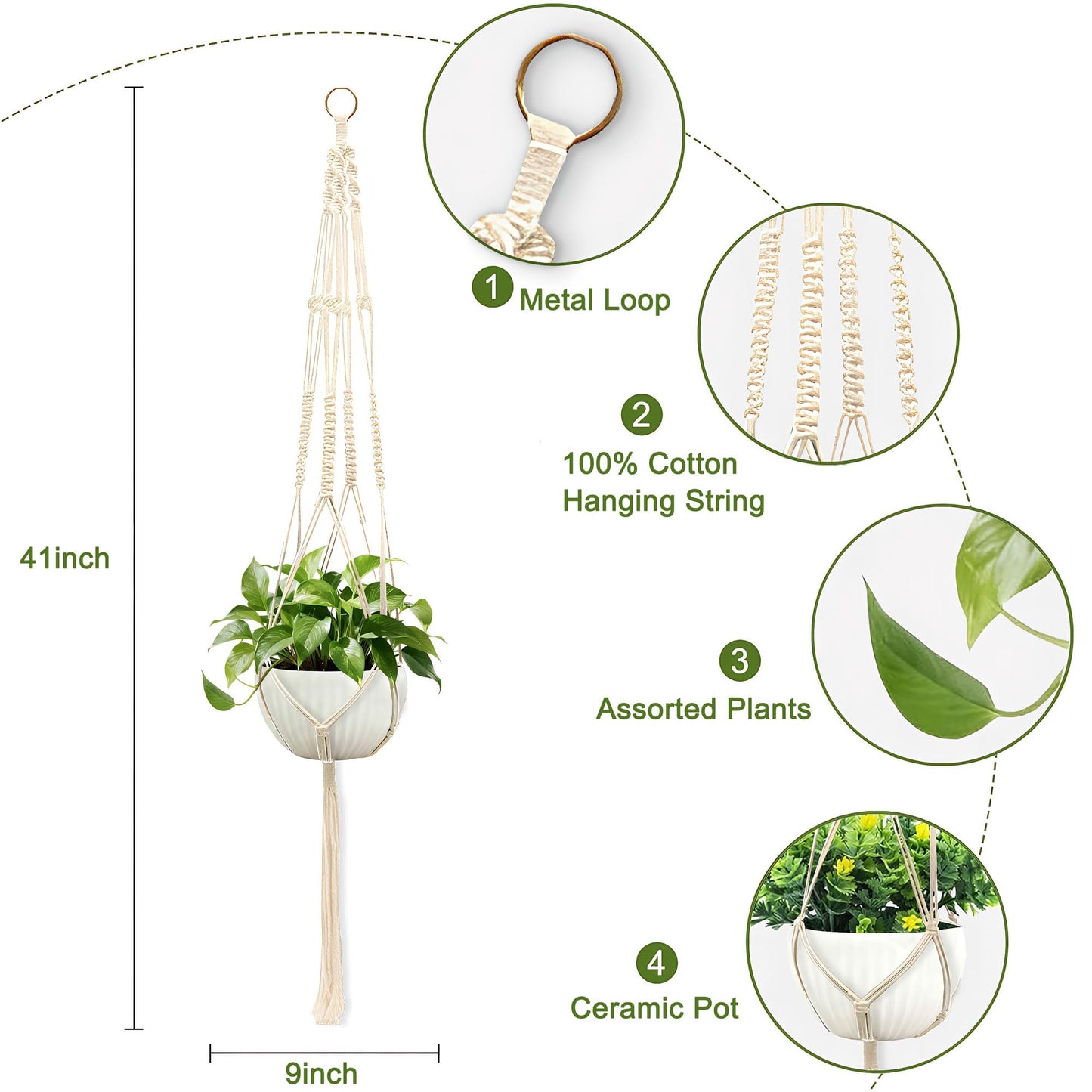wocoxo Macrame Plant Hanger, Hanging Planter Basket with Decorative Tassels, Decorative Flower Pot Holder for Indoor Outdoor Boho Home Decor, Set of 2 (Metal Hanging Ring)