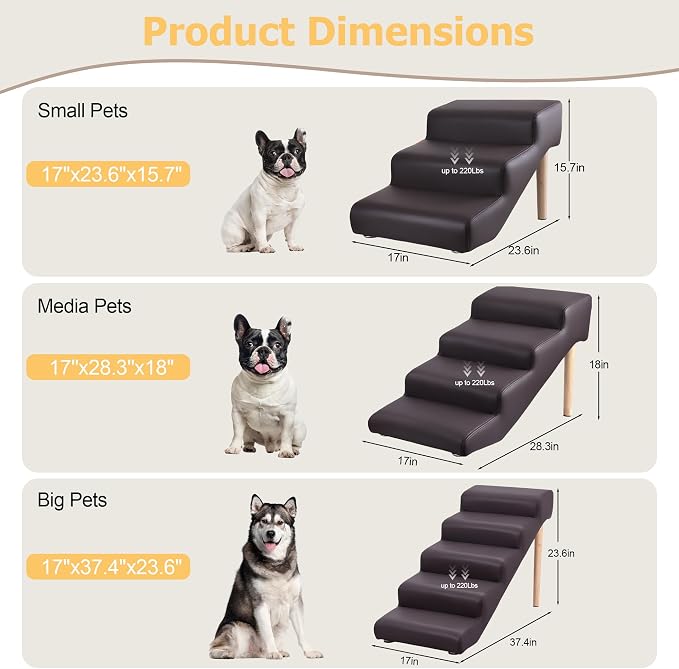 3-Step 15.7" H Dog Stairs for Pets up to 220lbs,Waterproof and Scratch PU Leather Pet Stairs with Oak Leg & Solid Wood Frame,Dog Ramp for Small Senior Large Dogs Cats,Non-Slip Feet,Black