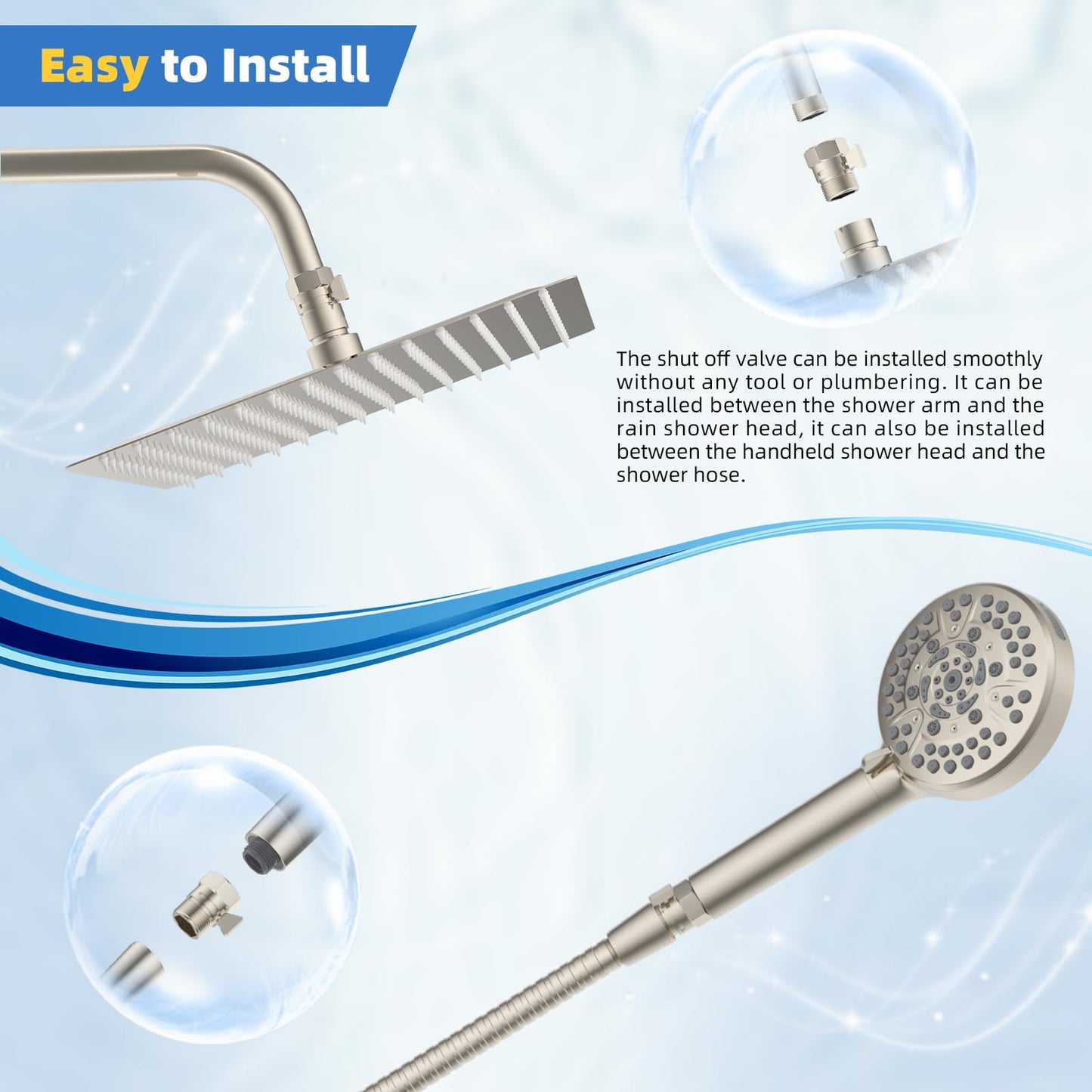 Hibbent All Metal 1 Pack Shower Head Flow Control Valve, G1/2 Brass Shut-off Valve with Metal Handle Lever, Shut OFF Water Flow Control Regulator for Handheld Shower, or Bidet Sprayer, Brushed Nickel