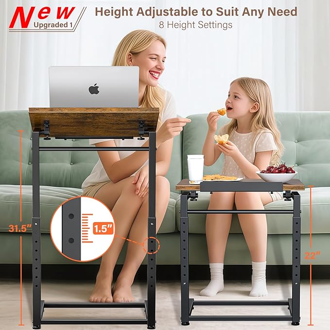 Tv Tray Table Set of 2, 8-Level Adjustable Height Couch Side Table，90° Tilt