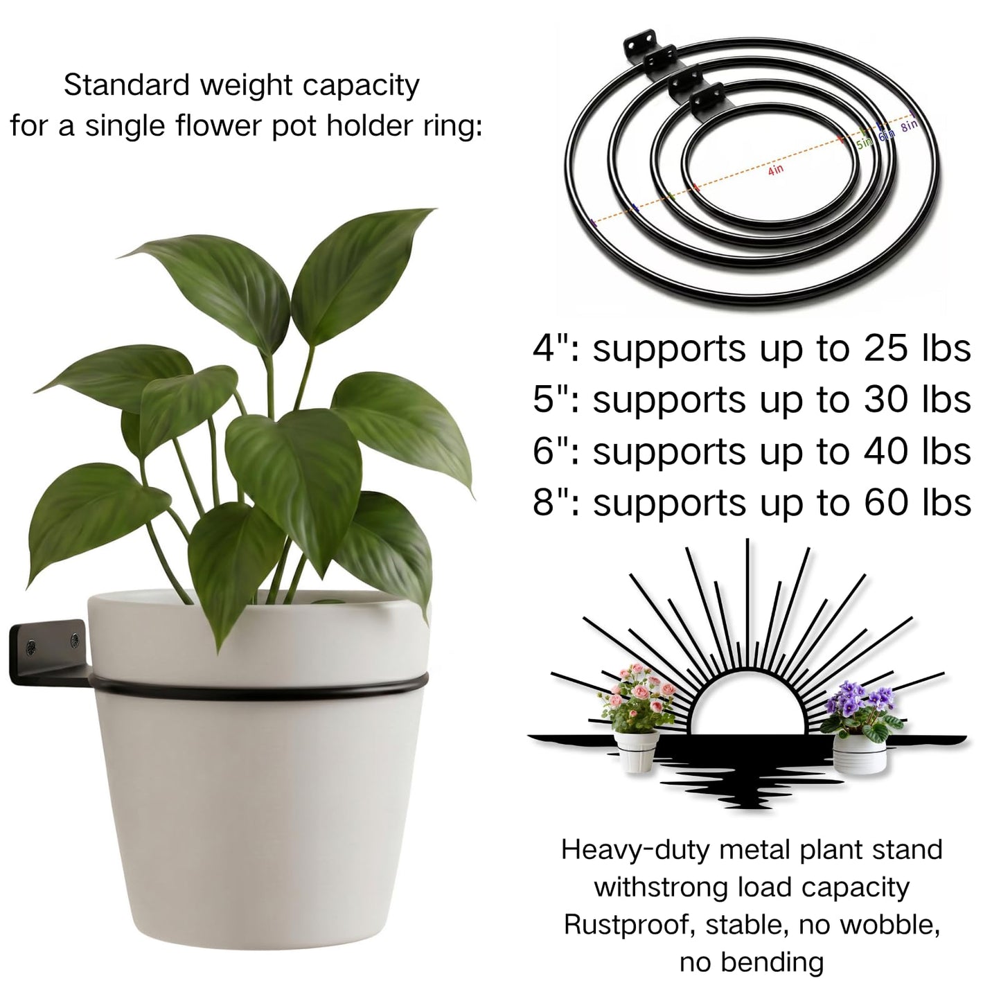 Glethua Sunrise Metal Wall Mount Plant Holder, Sun Wall Plant Holder, Sunshine Metal Hanging Planter for Living Room, Kitchen, Bathroom (Black, 59"x 35"| 150x89cm, 4 Pack 4" Flower Pot Holder Ring)