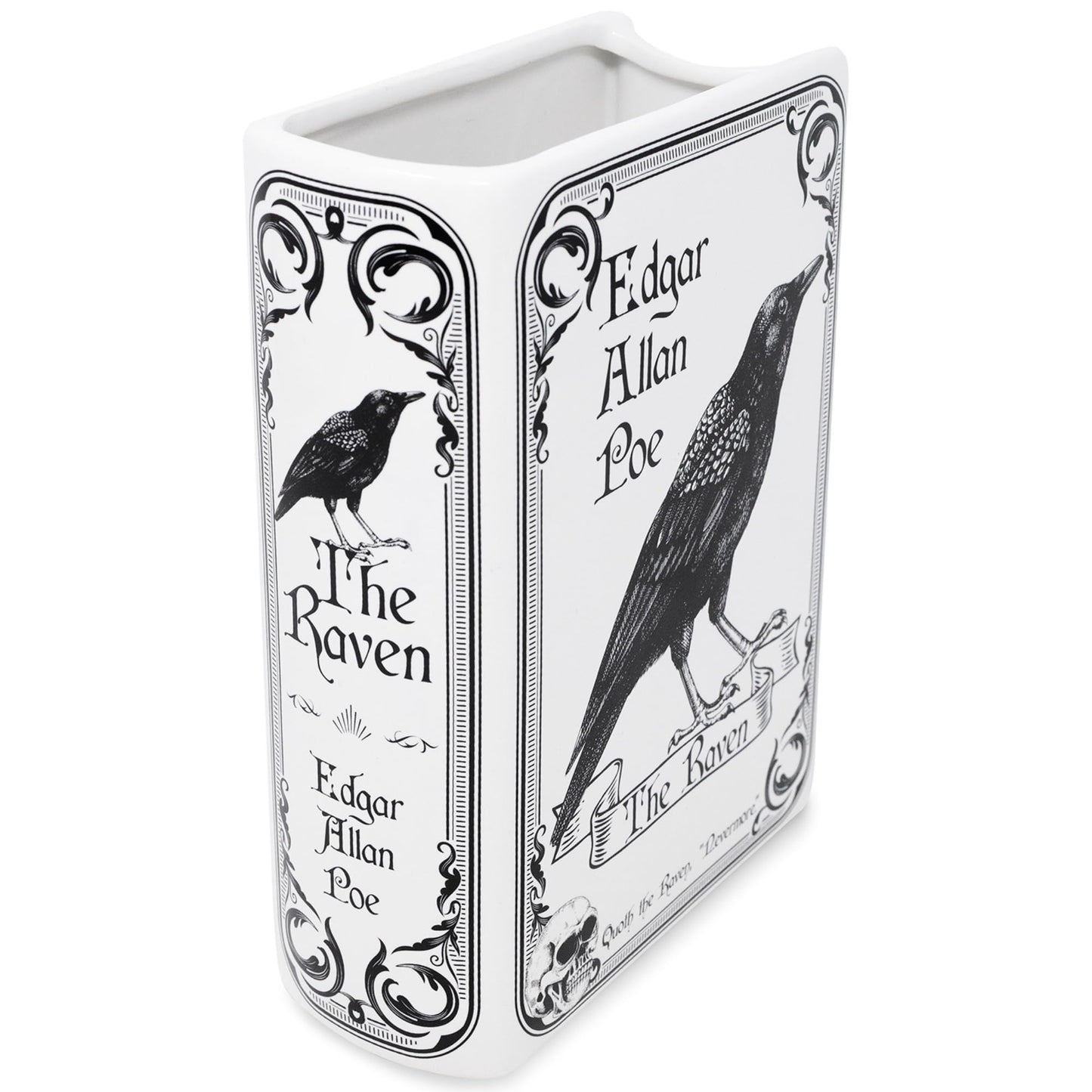 Steel Mill & Co Original Large Book-Shaped Decorative Vase, Ceramic Vases for Home Decor, Gothic Bookshelf Decor, Unique Vase for Book Lovers (The Raven - White)