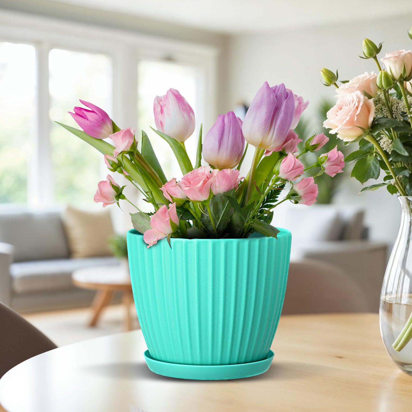 Aqua 6-Inch Plant Pots with Drainage & Saucers 12 Pack, Indoor & Outdoor Planters for Houseplants, Herbs, and Flowers, Durable & Weatherproof Material, Stackable, Lightweight, Minimalist Design