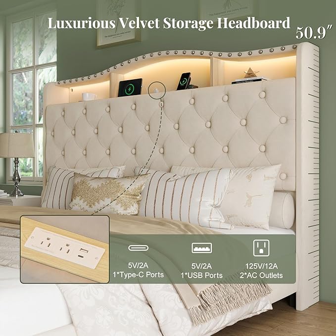 Belffin Queen Size Bed Frame and Headboard, 50.9" Velvet Upholstered Wingback