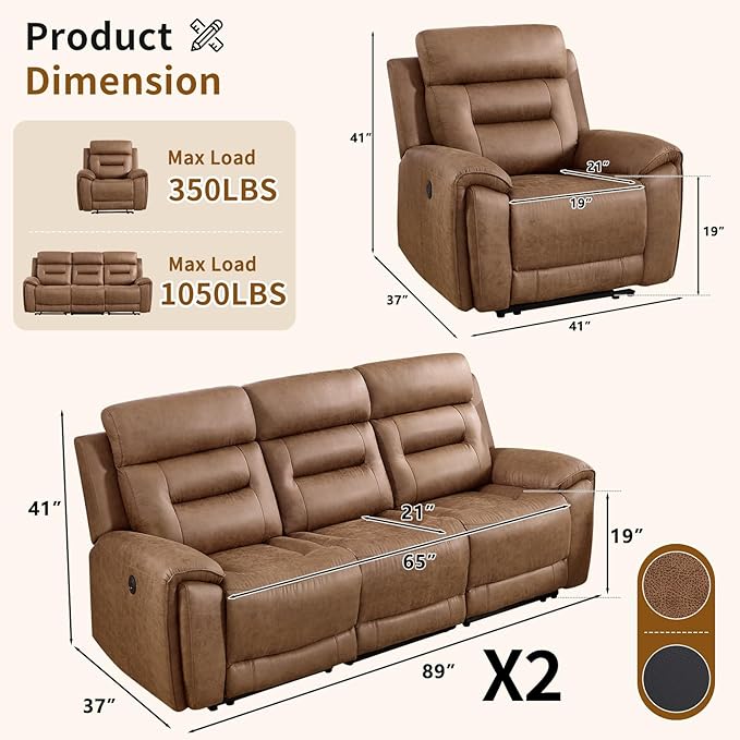 ANJ 3-Piece Faux Leather Power Recliner Sofa Set