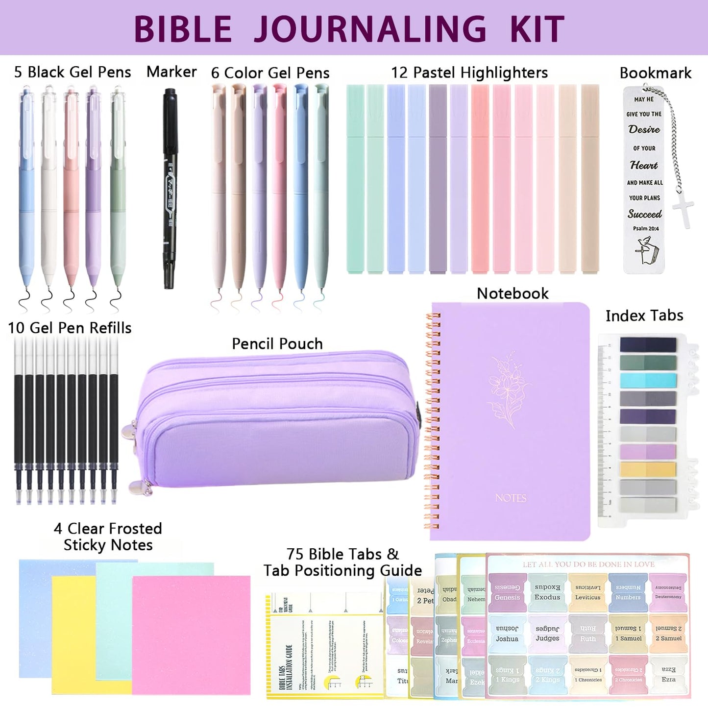 Bible Study Supplies Journaling Kit for Women,Office School Supply Set with Large Pen Case,Bible Study Journal Notebook,No-Bleed Highlighters and Pens,Sticky Notes,Bible Tabs Bookmark (purple)