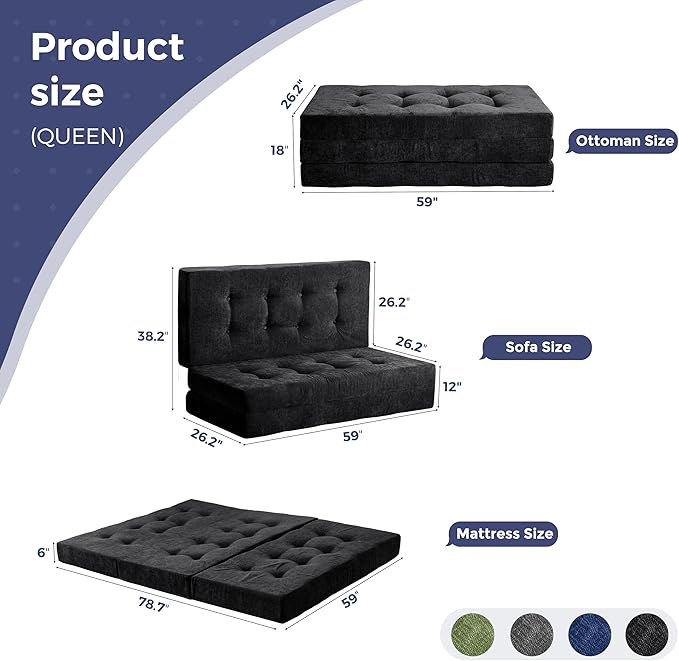MAXYOYO 6" Folding Sofa Bed for Floor, Tufted Tri-Fold Floor Mattress
