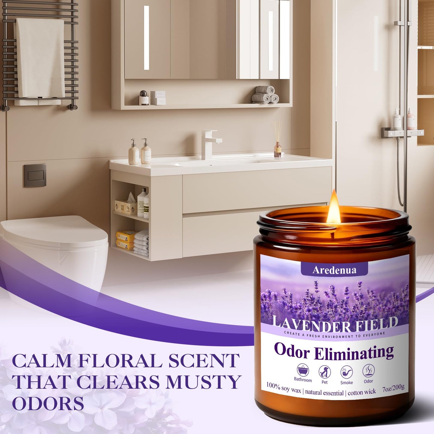 Lavender Odor Eliminating Candles | Eliminates 95% of Pet, Smoke & Bathroom Odors – 7oz Hand Poured Soy Candle - Aromatherapy Stress Relief Scented Candles - Relaxing Gifts for Calm & Fresh Homes