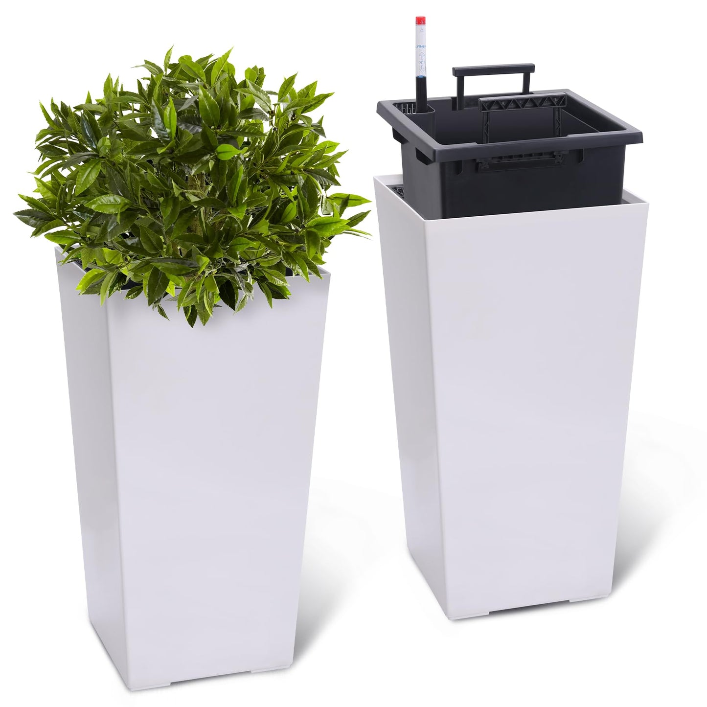 MilleLoom 22.5" Tall Outdoor Planters Set of 2, Indoor Outdoor Plant Pot with Water Level Monitor, Drainage Holes & Inner Bucket, Self Watering Flower Pots for Garden, Porch, Patio, White