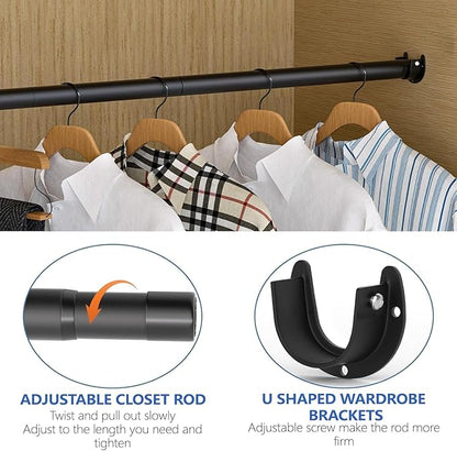 SUTINE Closet Rod, 17 to 68 Inch Closet Rods for Hanging Clothes, Heavy Duty Adjustable Clothes Hanging Bar Rod Matte Black Closet Poles for Wardrobes, Closet, Bathroom, Windows,1.3 Inch Diameter